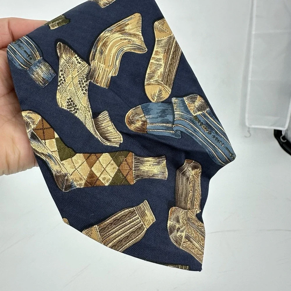VTG Polo by Ralph Lauren Silk Tie Navy Gold Novelty Sock Print Hand Made In USA
